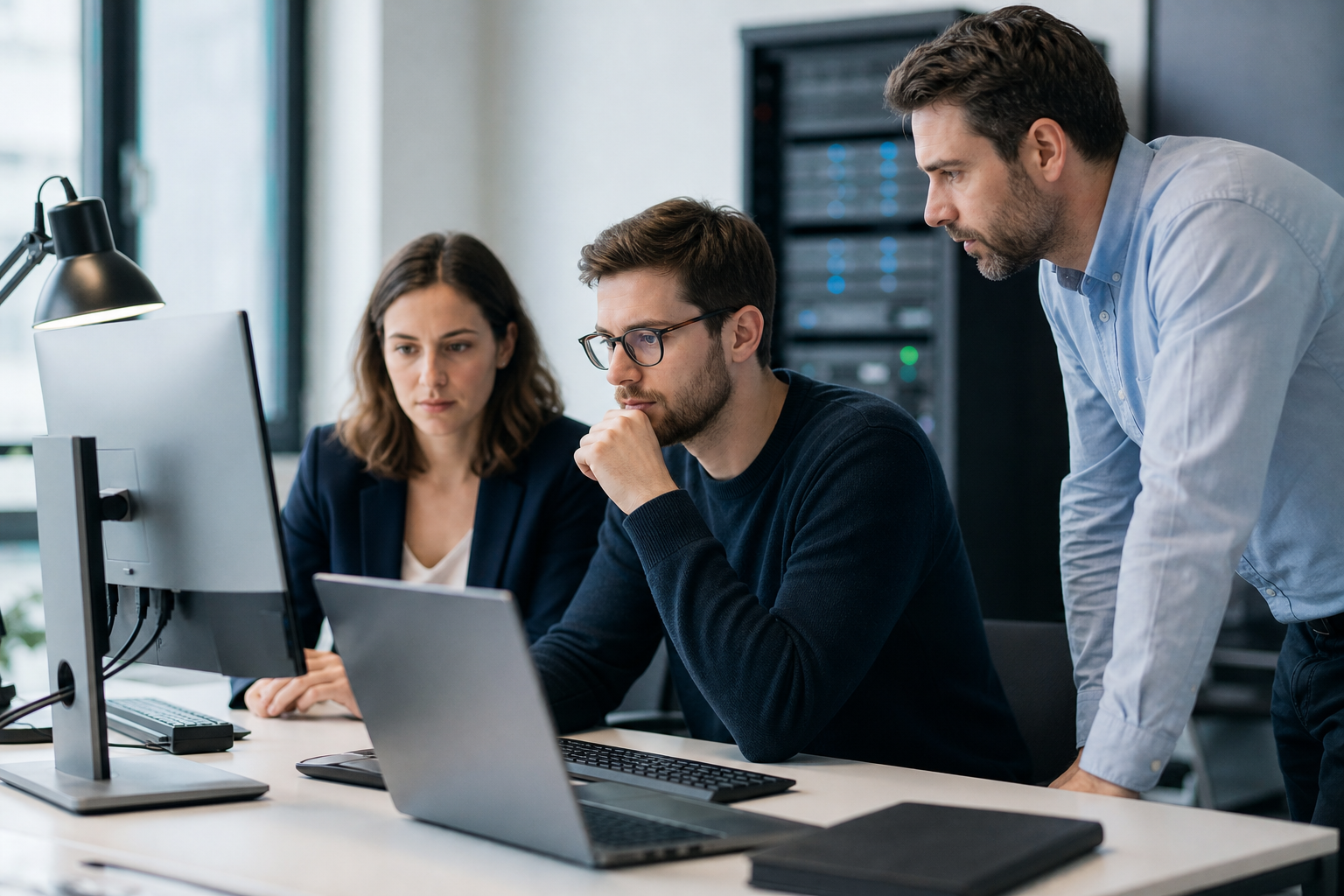 Team IT aziendale al lavoro su workstation e notebook per progetti di AI locale