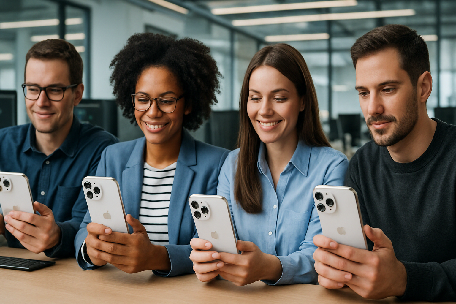 Team aziendale moderno che utilizza iPhone 18 Pro in ufficio professionale