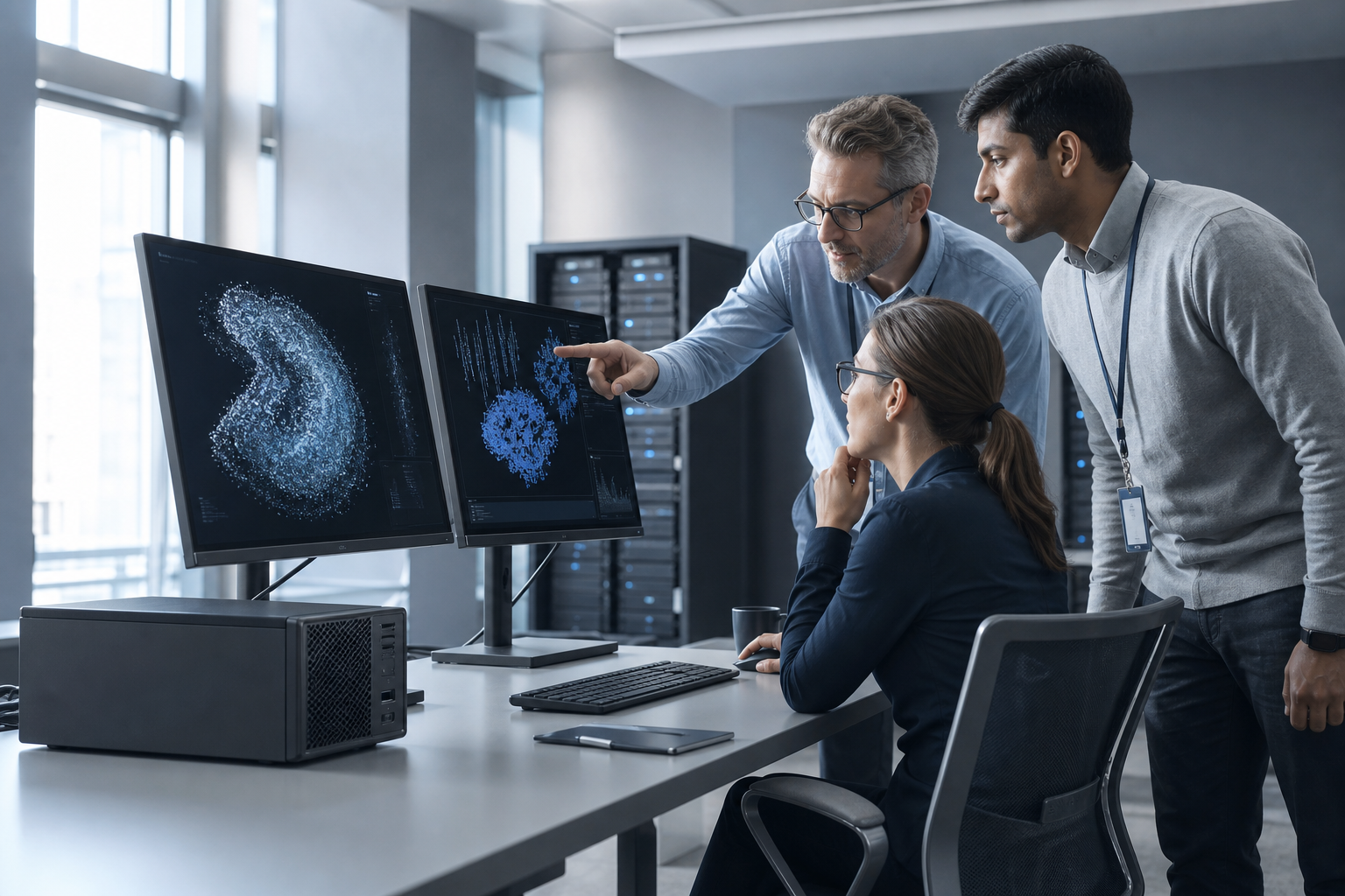 Team IT aziendale al lavoro su un progetto di AI locale con workstation desktop professionale