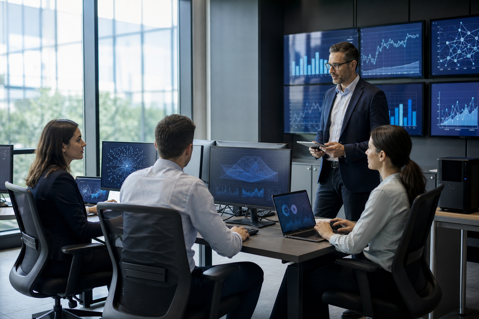 Team aziendale impegnato nell’analisi dei dati con notebook, workstation e monitor in ufficio