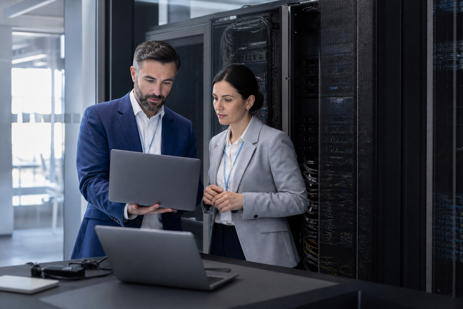 IT manager e responsabile aziendale pianificano un'infrastruttura AI on-premise privata
