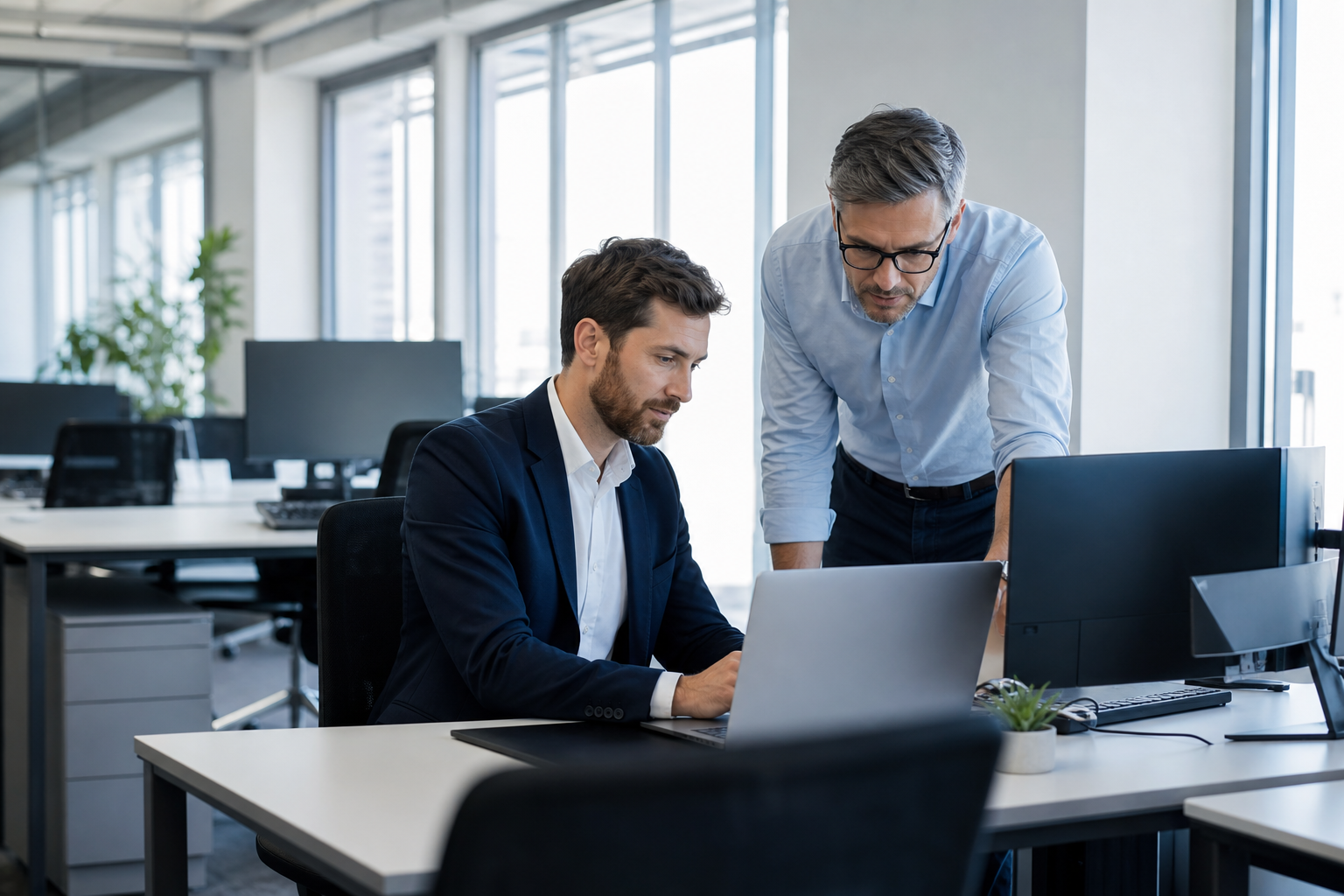 IT manager e responsabile aziendale pianificano un'infrastruttura IT scalabile in ufficio