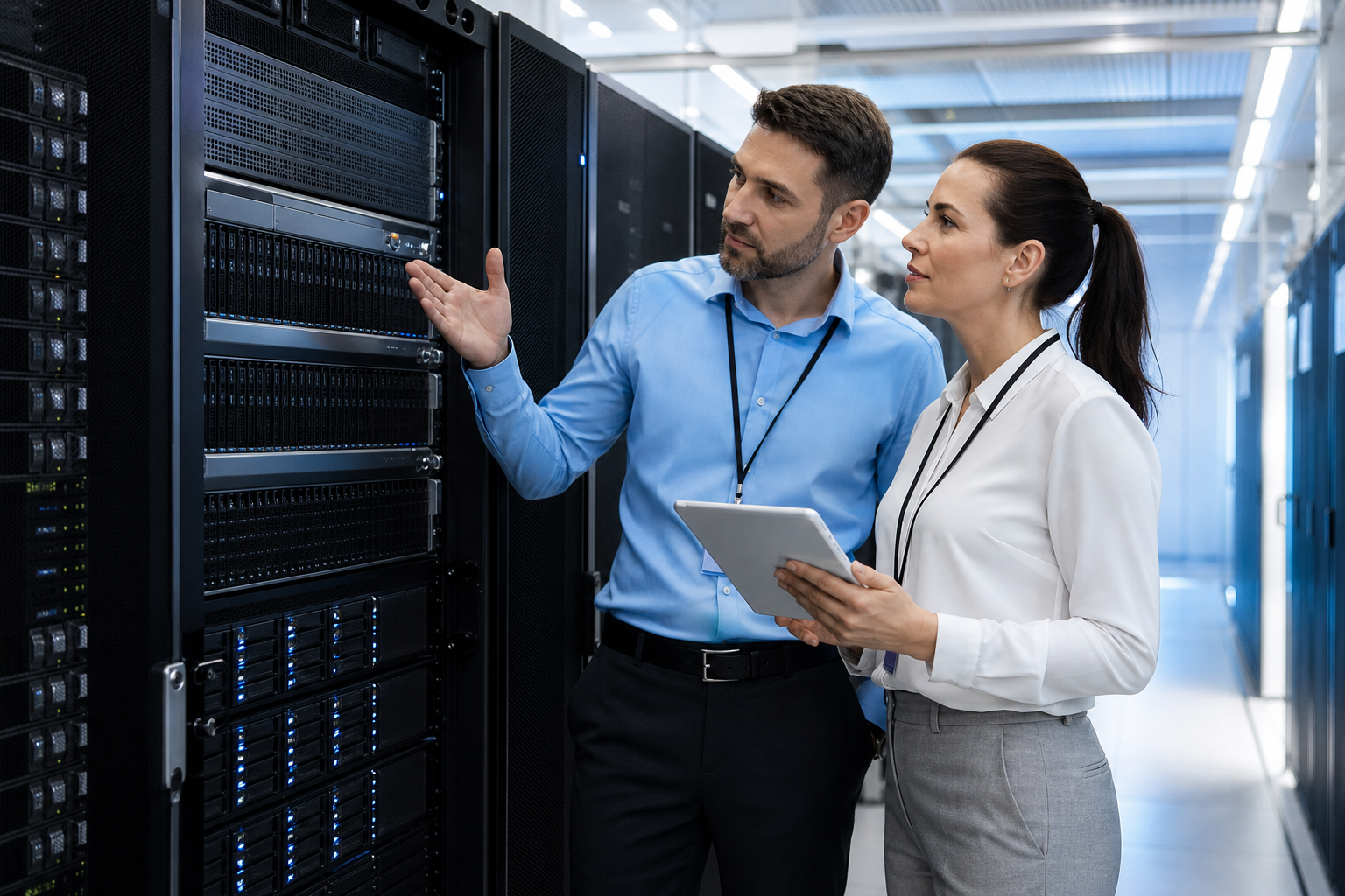 IT manager e responsabile procurement valutano un progetto SAN storage in un data center aziendale