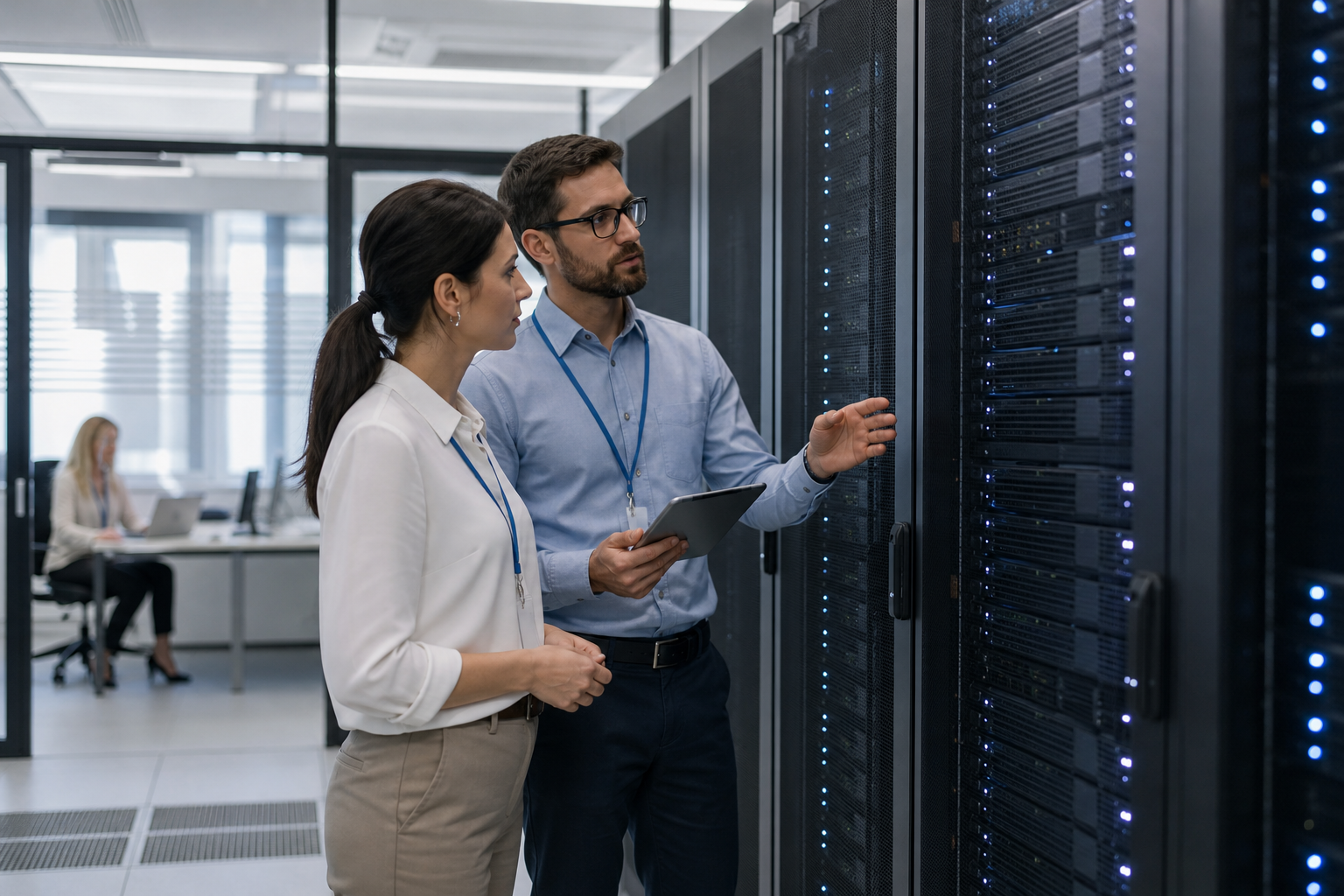 Team IT aziendale davanti a rack di server GPU per progetti di intelligenza artificiale