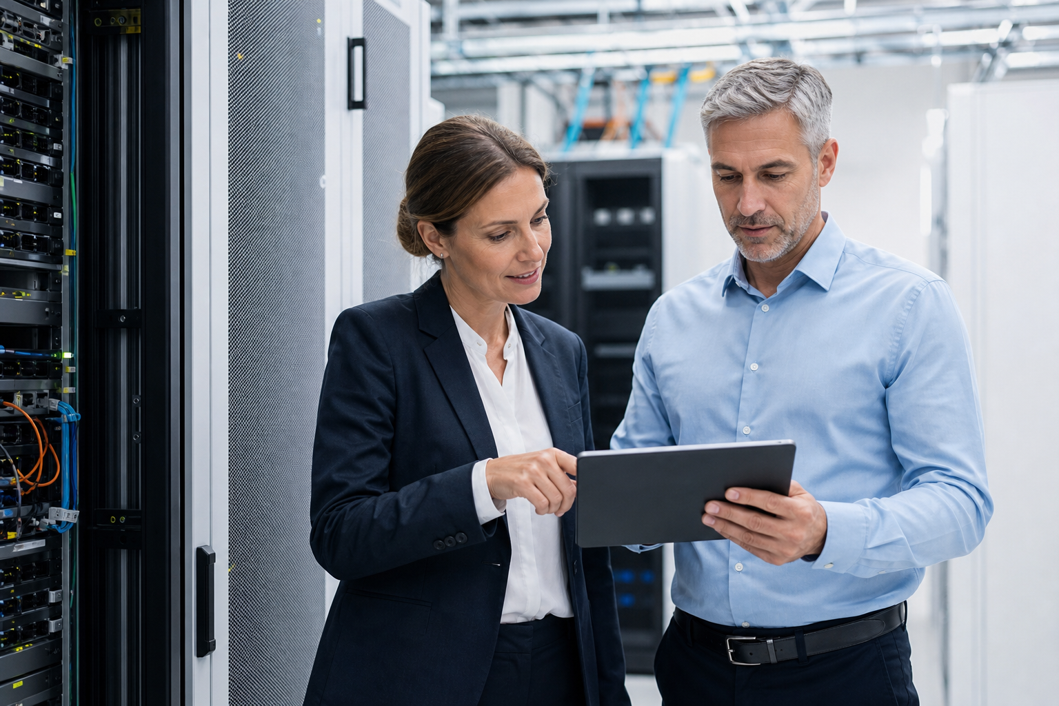 IT manager e responsabile aziendale valutano infrastruttura storage scalabile in un data center moderno